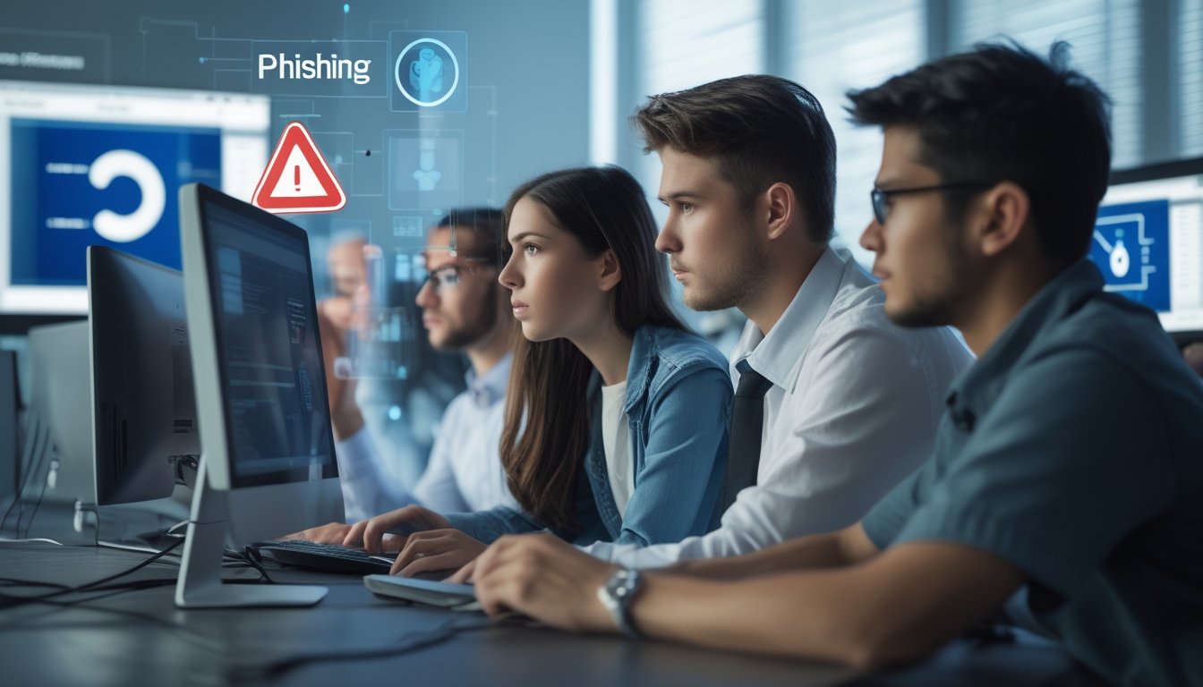 Dua orang bekerja di depan komputer dengan tampilan peringatan keamanan, menggambarkan upaya menghindari tautan phishing online.