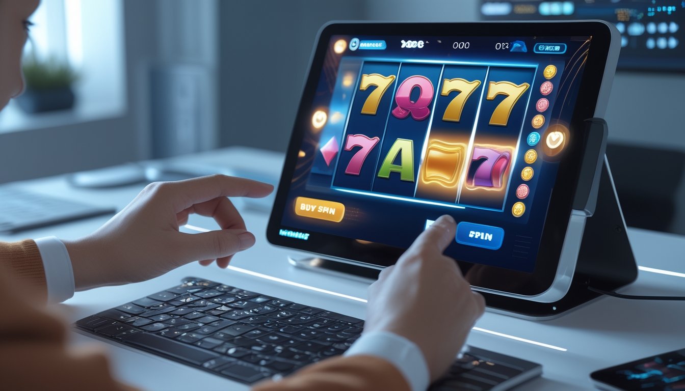 Seseorang menggunakan perangkat digital dengan permainan slot online di layar, tampak sedang berpikir sebelum menekan tombol fitur beli putaran.
