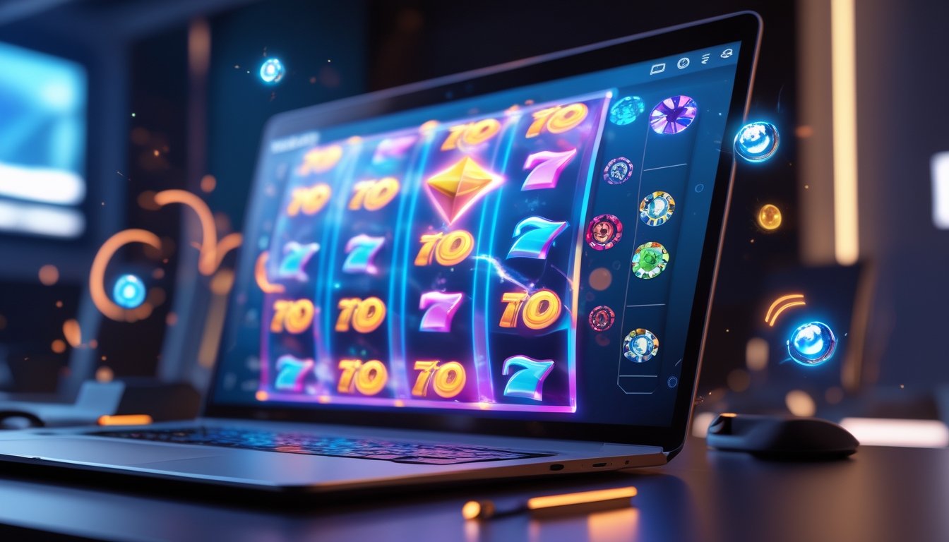 Seorang pemain menggunakan komputer dengan layar menampilkan permainan slot online berwarna-warni di ruang bermain modern.