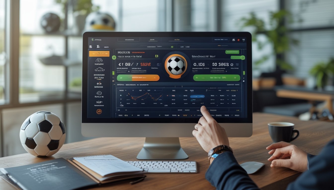 Seseorang sedang menggunakan komputer dengan tampilan platform taruhan sepak bola online, di meja terdapat bola sepak, buku catatan, dan cangkir kopi.