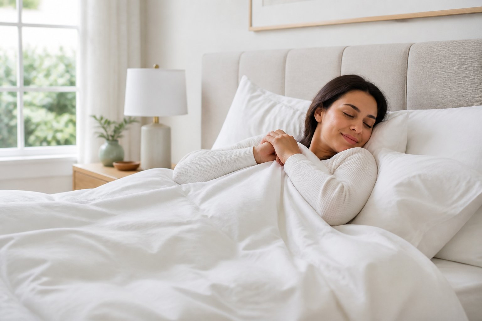 A person tucking themselves into a clean, well-made bed in a bright bedroom.