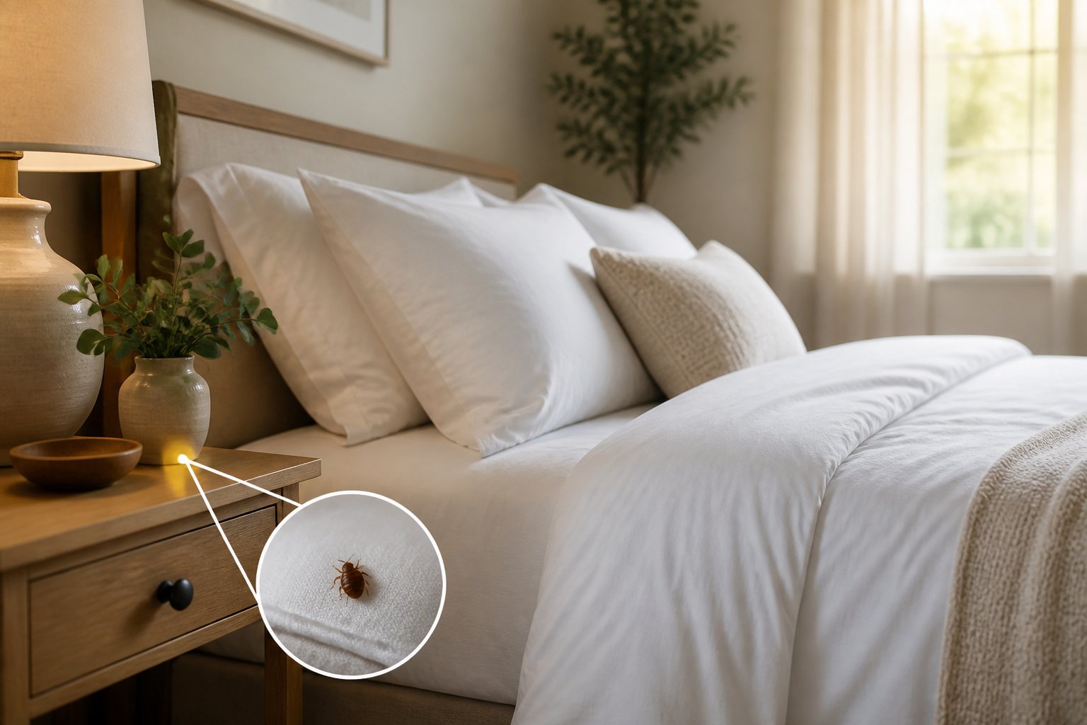 A clean and cozy bedroom with a neatly made bed and soft morning light coming through the window.