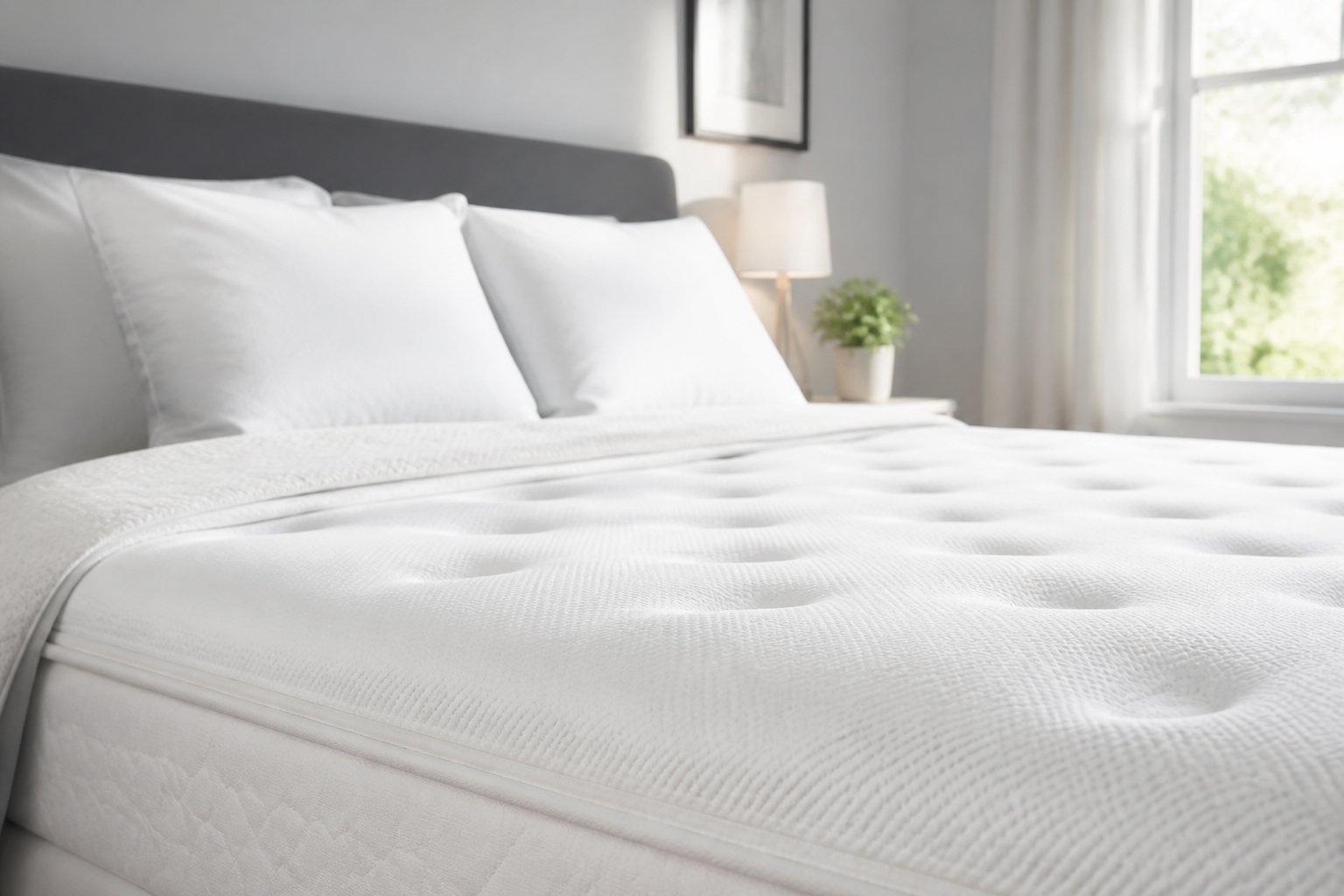 A neatly made bed in a bright bedroom with white sheets and pillows, conveying a clean and comfortable sleeping space.