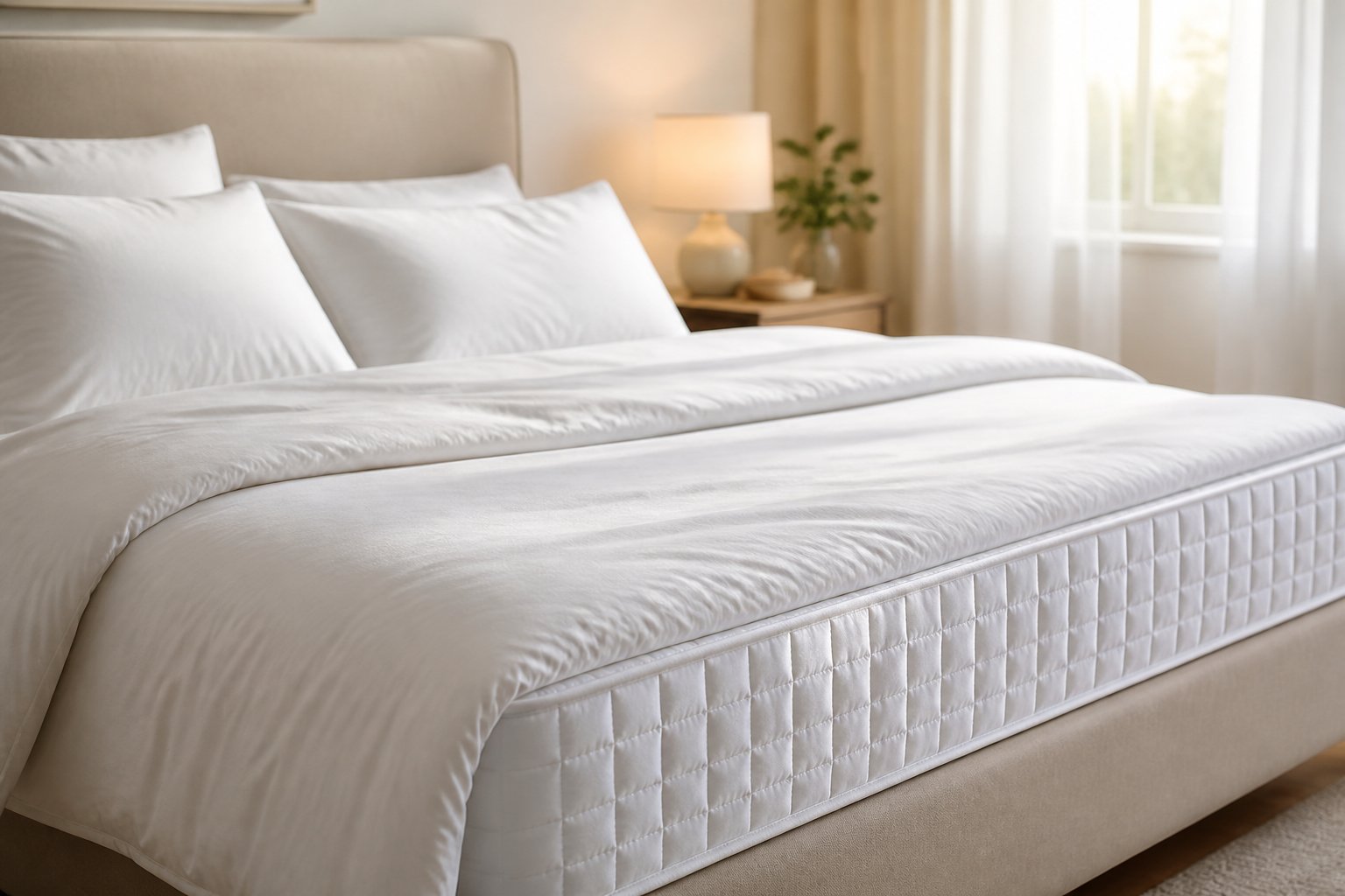 A neatly made bed in a bright bedroom with sunlight coming through a window.