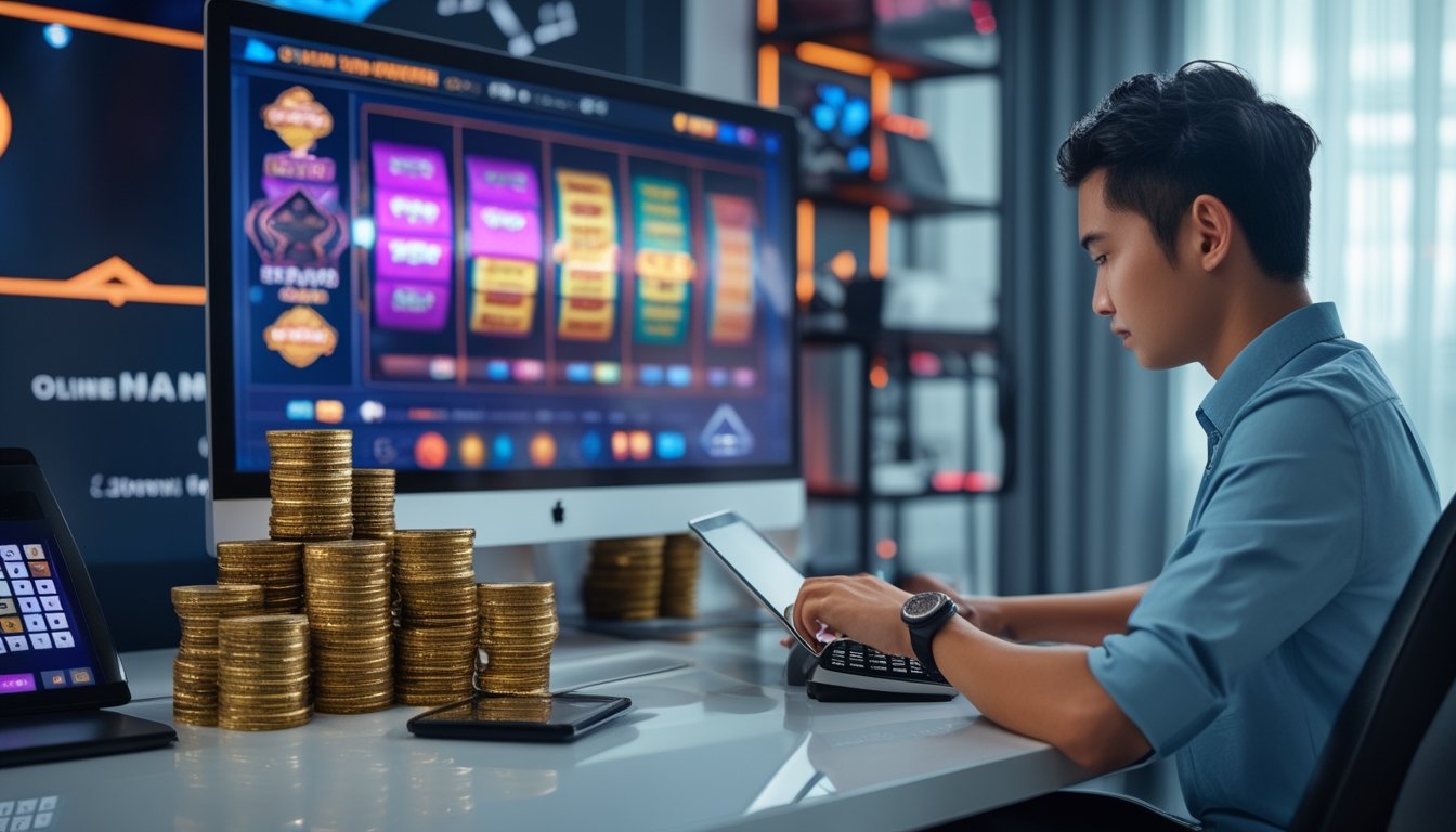Seseorang di meja kerja dengan komputer menampilkan permainan slot online dan tumpukan uang rupiah, sedang merencanakan pengelolaan modal receh menjadi jutaan rupiah.
