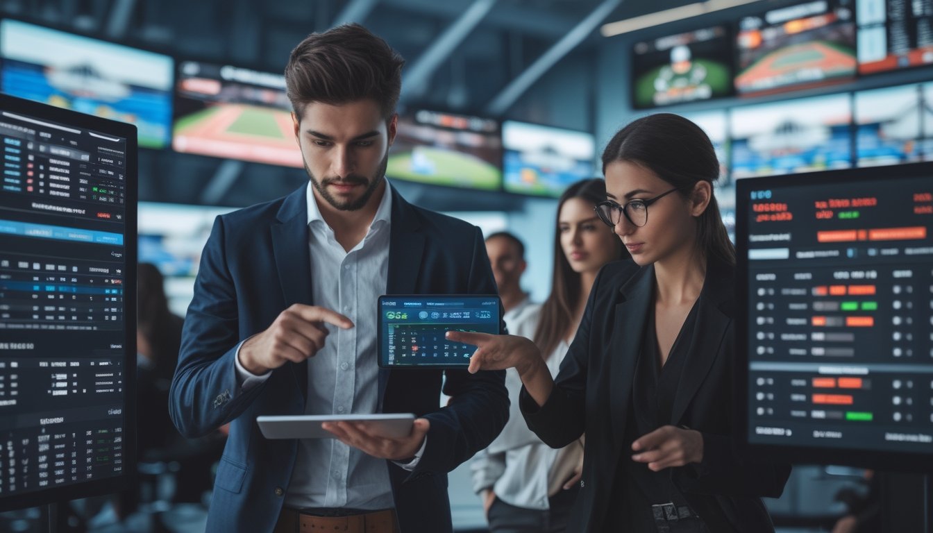 Beberapa orang sedang melihat layar besar yang menampilkan pertandingan sepak bola dan data taruhan di sebuah ruangan modern.