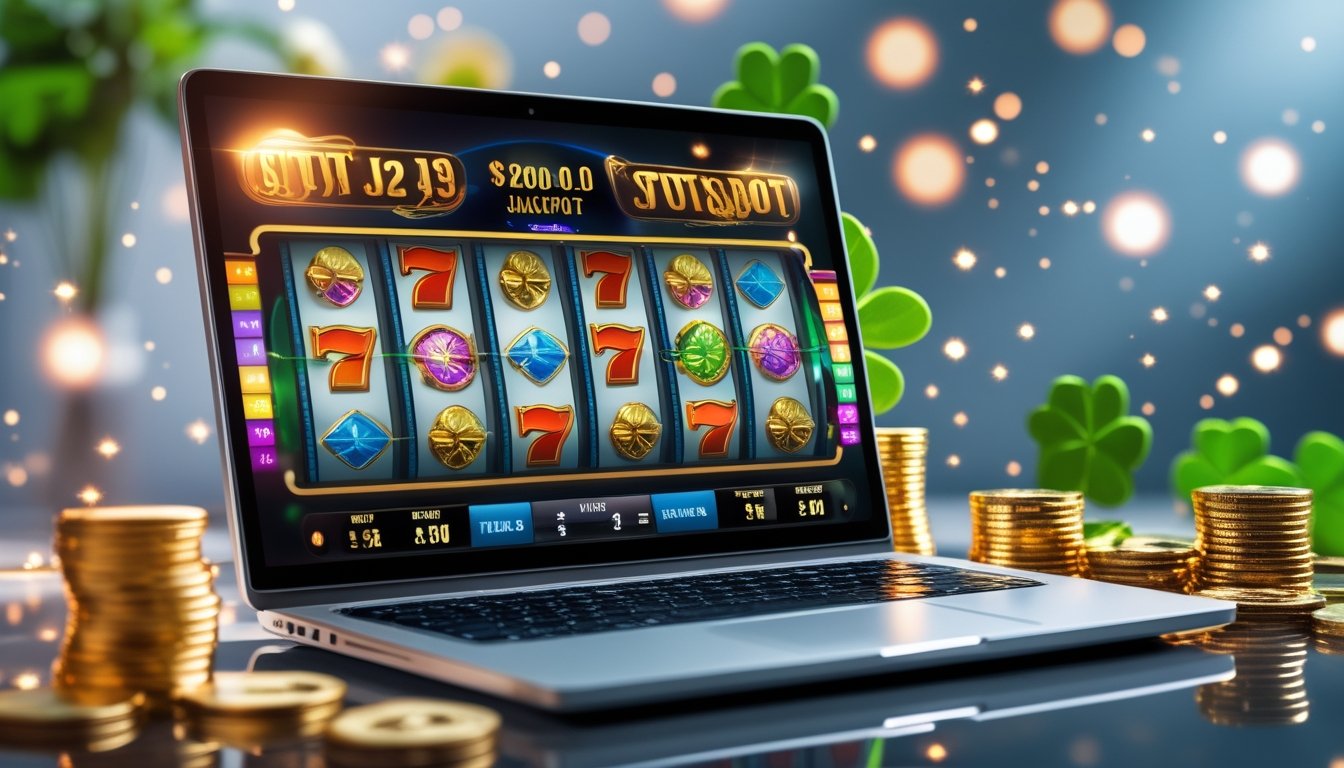 Seorang pengguna laptop dengan layar menampilkan permainan slot online berwarna-warni dan koin emas di sekitar meja.
