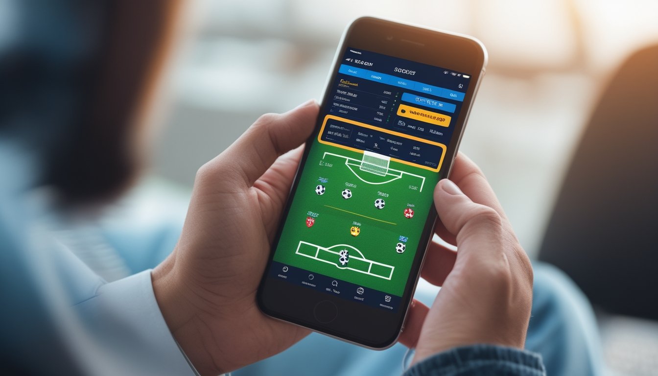Seseorang memegang ponsel pintar yang menampilkan aplikasi taruhan bola dengan tampilan pertandingan sepak bola dan opsi taruhan.