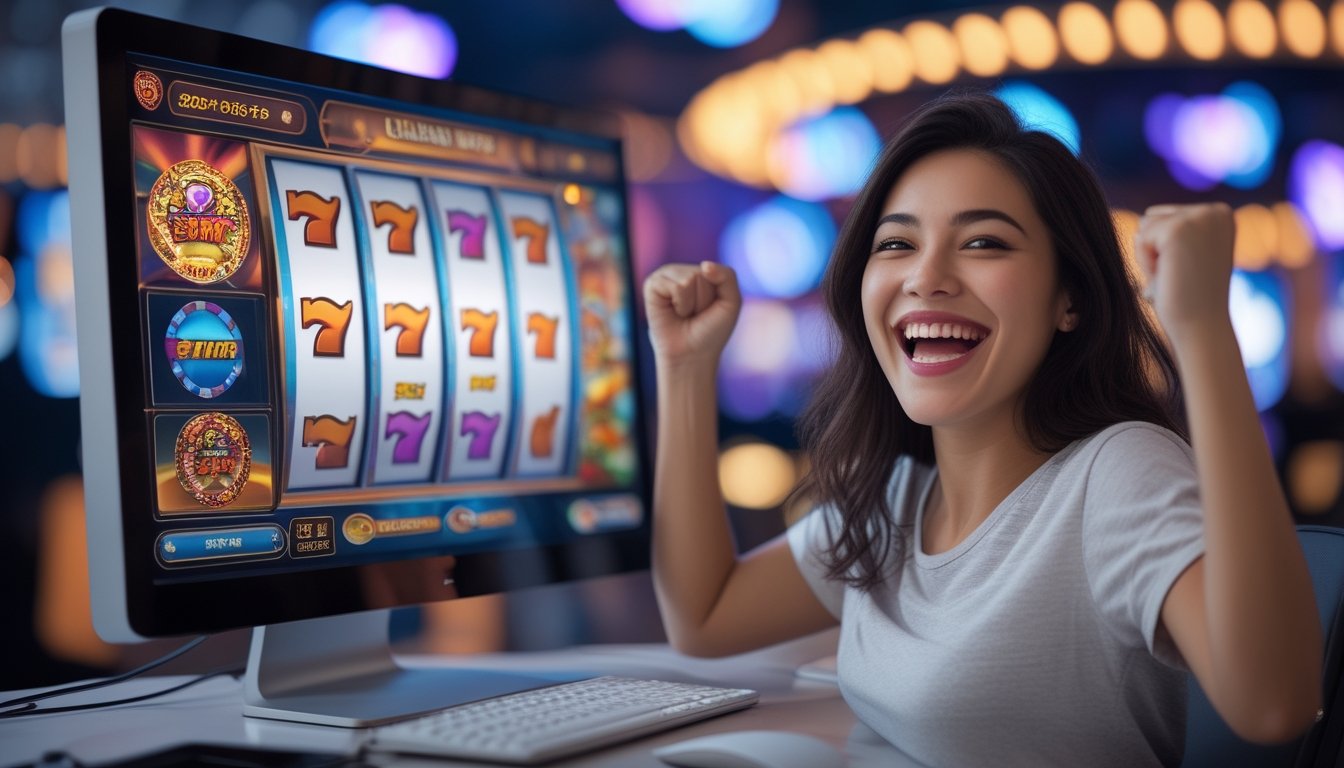 Seorang wanita muda tersenyum gembira di depan layar komputer yang menampilkan permainan slot online, dengan suasana kasino di latar belakang.