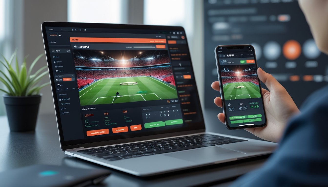 Seseorang menggunakan laptop dan ponsel untuk menonton pertandingan sepak bola langsung dan memasang taruhan secara online.