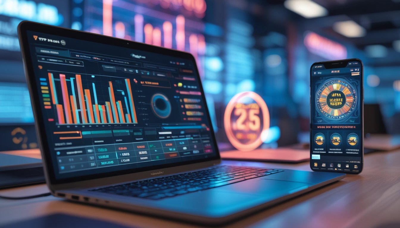 Meja kerja modern dengan laptop dan ponsel yang menampilkan grafik dan antarmuka permainan slot online, dikelilingi oleh elemen teknologi futuristik.
