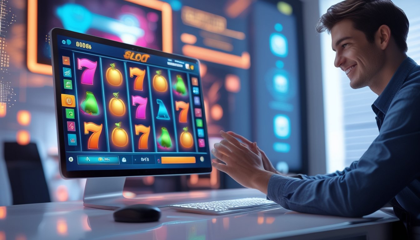 Seseorang sedang bermain permainan slot online di komputer dengan tampilan layar penuh warna dan ekspresi fokus serta senang.