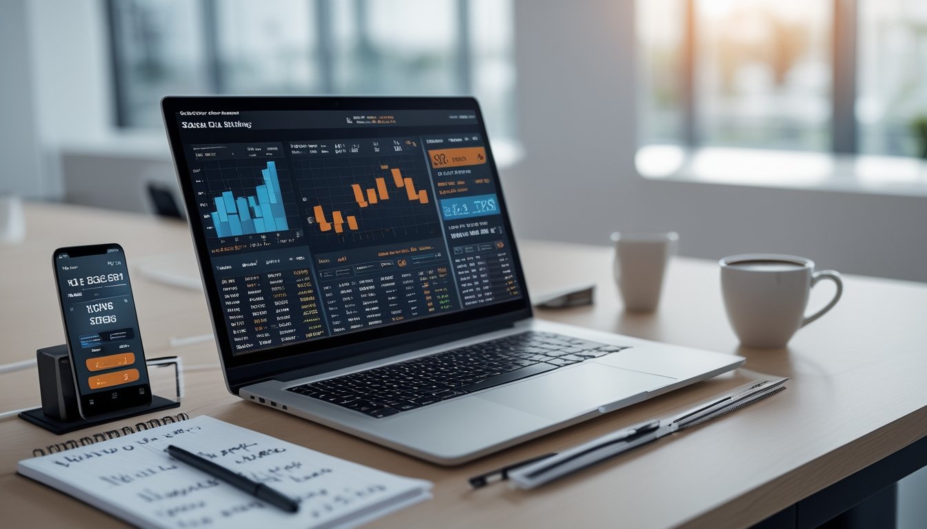 Seorang pria sedang bekerja di depan laptop dengan grafik dan data taruhan olahraga online di meja kerja yang rapi.