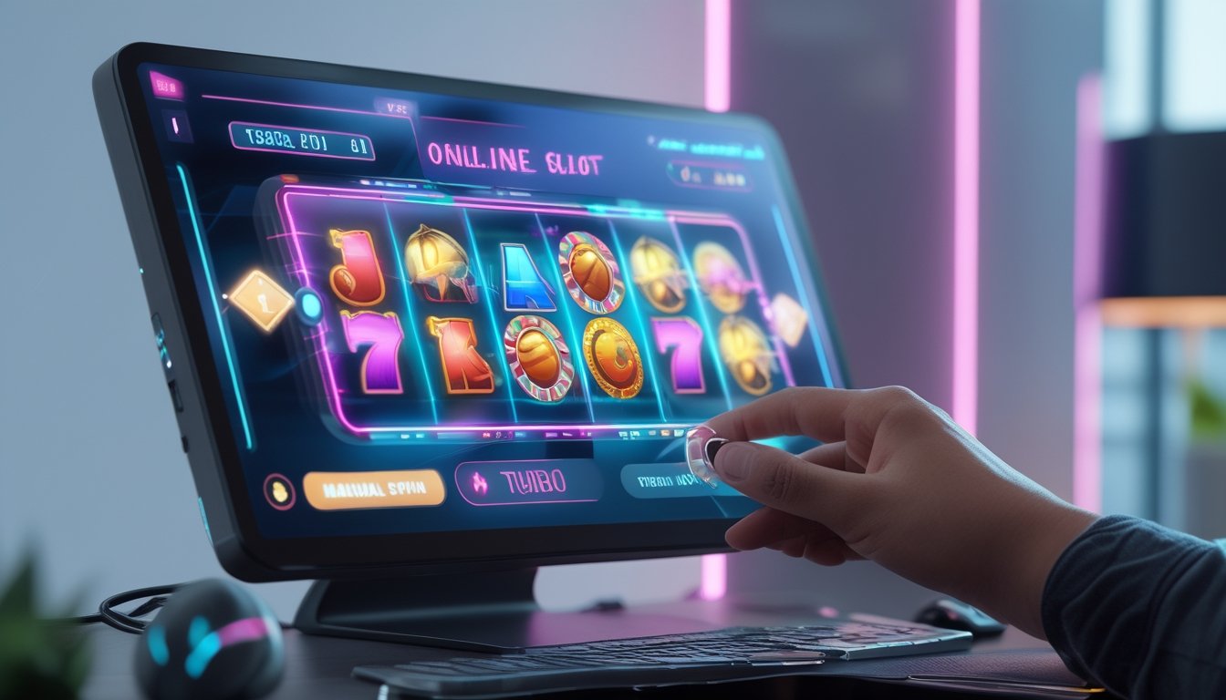 Tangan sedang mengoperasikan perangkat komputer dengan tampilan permainan slot online yang berwarna-warni.