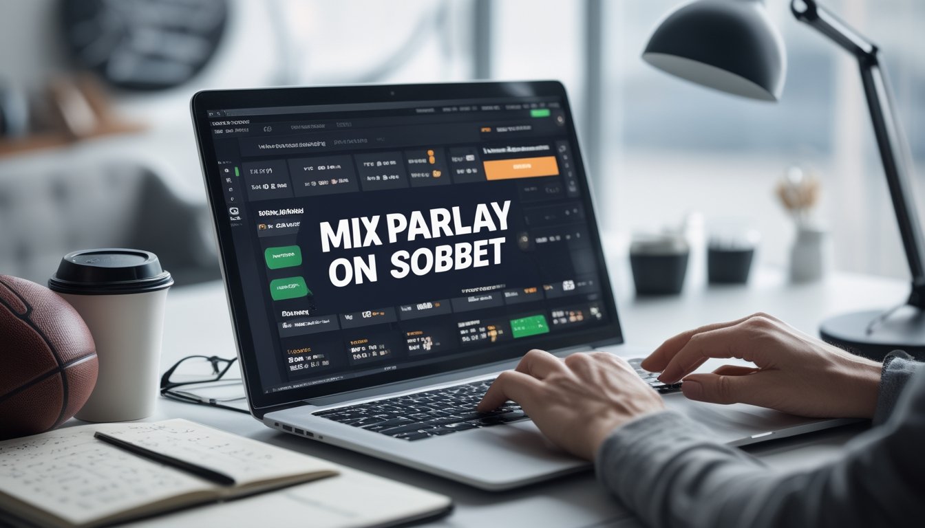 Seseorang menggunakan laptop di meja kerja dengan layar menampilkan pilihan taruhan olahraga dan alat tulis di sekitar, suasana fokus dan rapi.