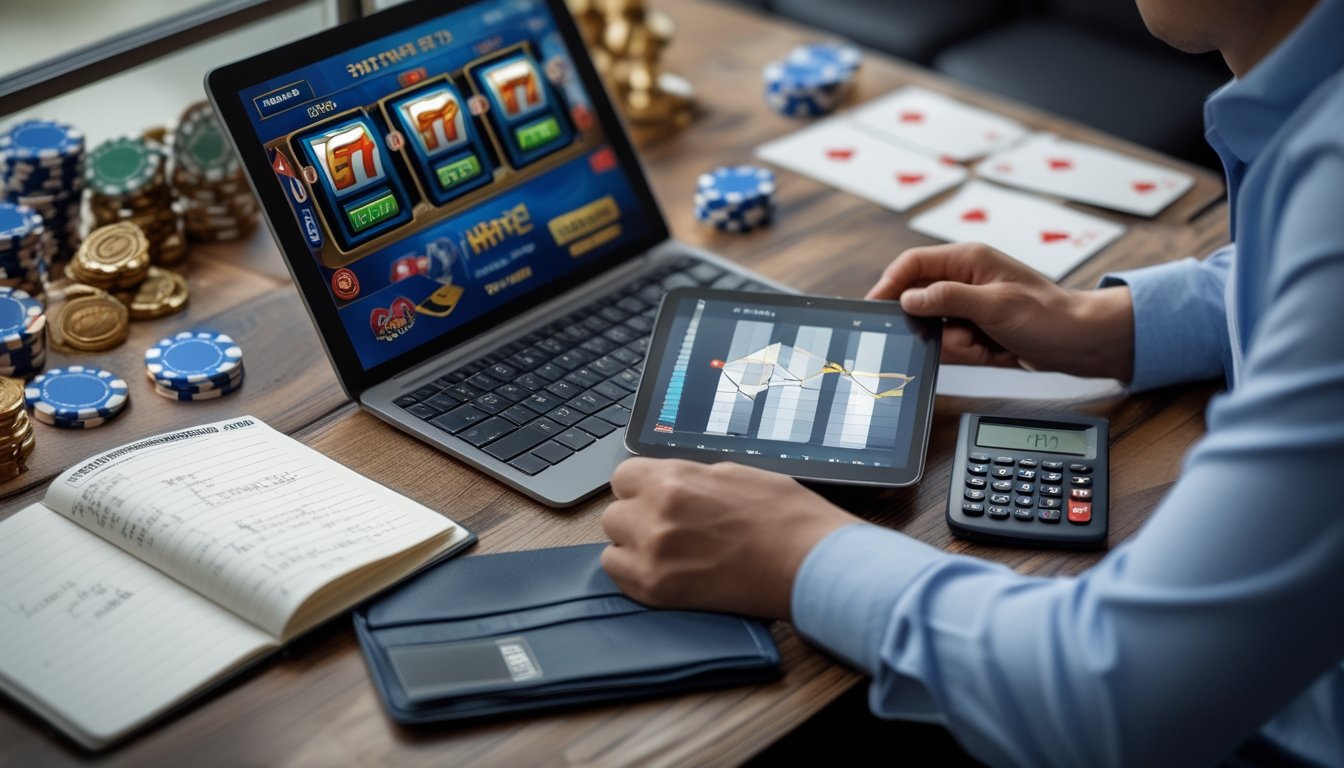 Seseorang yang sedang mengelola keuangan dengan laptop dan alat tulis di meja kerja, menampilkan suasana perencanaan keuangan terkait permainan slot online.
