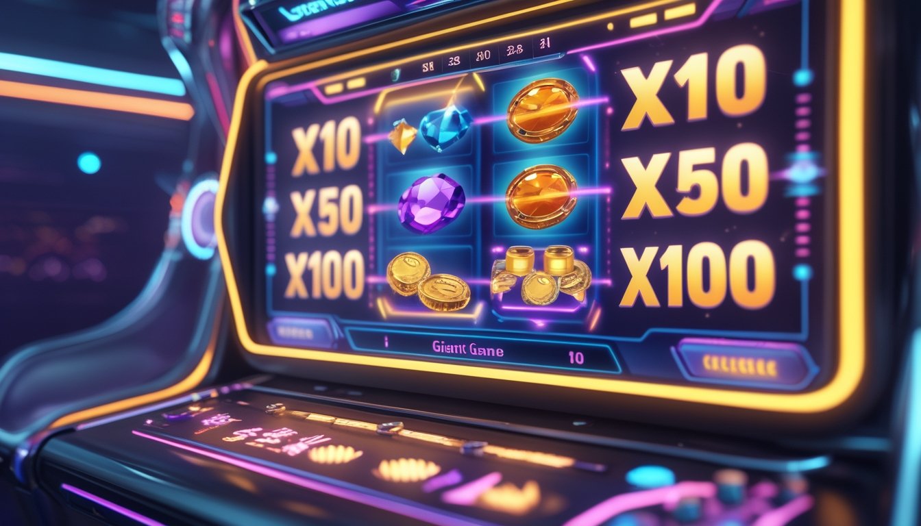 Tampilan layar mesin slot online dengan fitur multiplier besar yang berwarna-warni dan simbol-simbol permainan yang berputar.