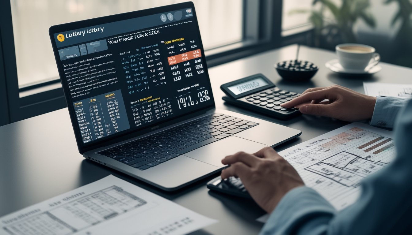Meja kerja dengan laptop, kalkulator, dan kertas berisi rumus matematika serta grafik, suasana fokus dan terorganisir.