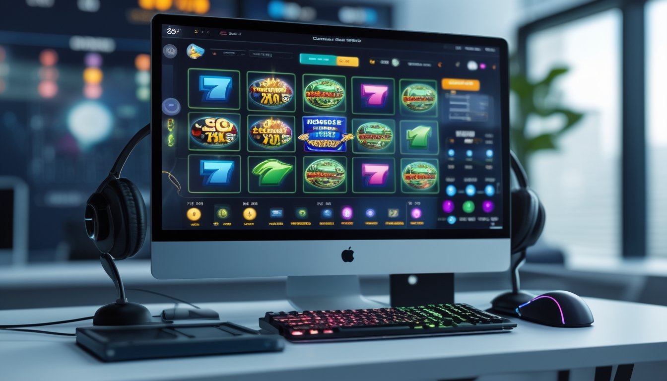 Sebuah meja kerja modern dengan komputer menampilkan permainan slot online berwarna-warni dan perlengkapan gaming di sekitarnya.