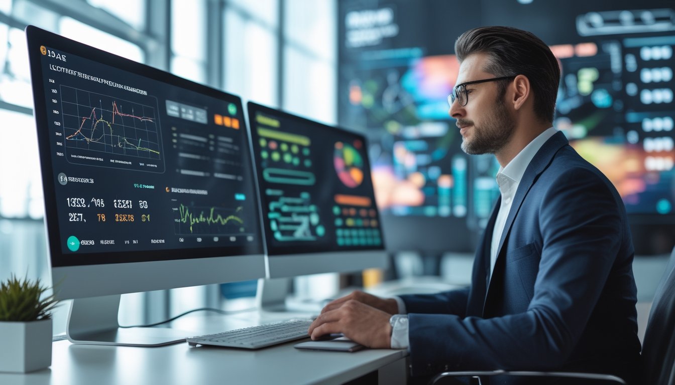Seorang profesional bisnis sedang bekerja di depan beberapa layar komputer dengan grafik dan data angka di sebuah kantor modern.