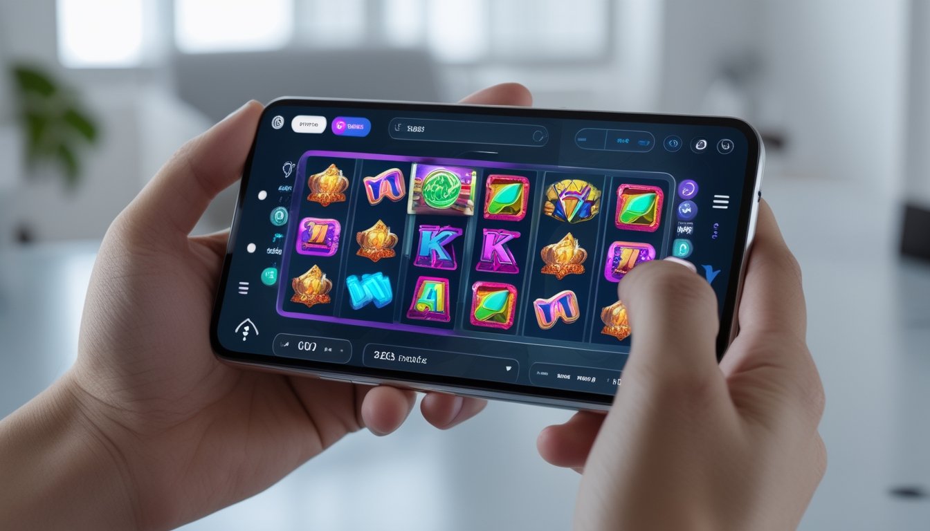 Seseorang memegang smartphone yang menampilkan permainan slot online dengan latar belakang ruangan rumah atau kantor yang rapi.