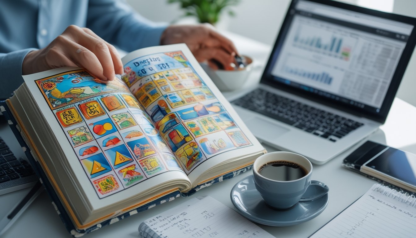 Seseorang sedang mempelajari buku bergambar di meja kerja dengan laptop, catatan, dan secangkir kopi di sekitarnya.