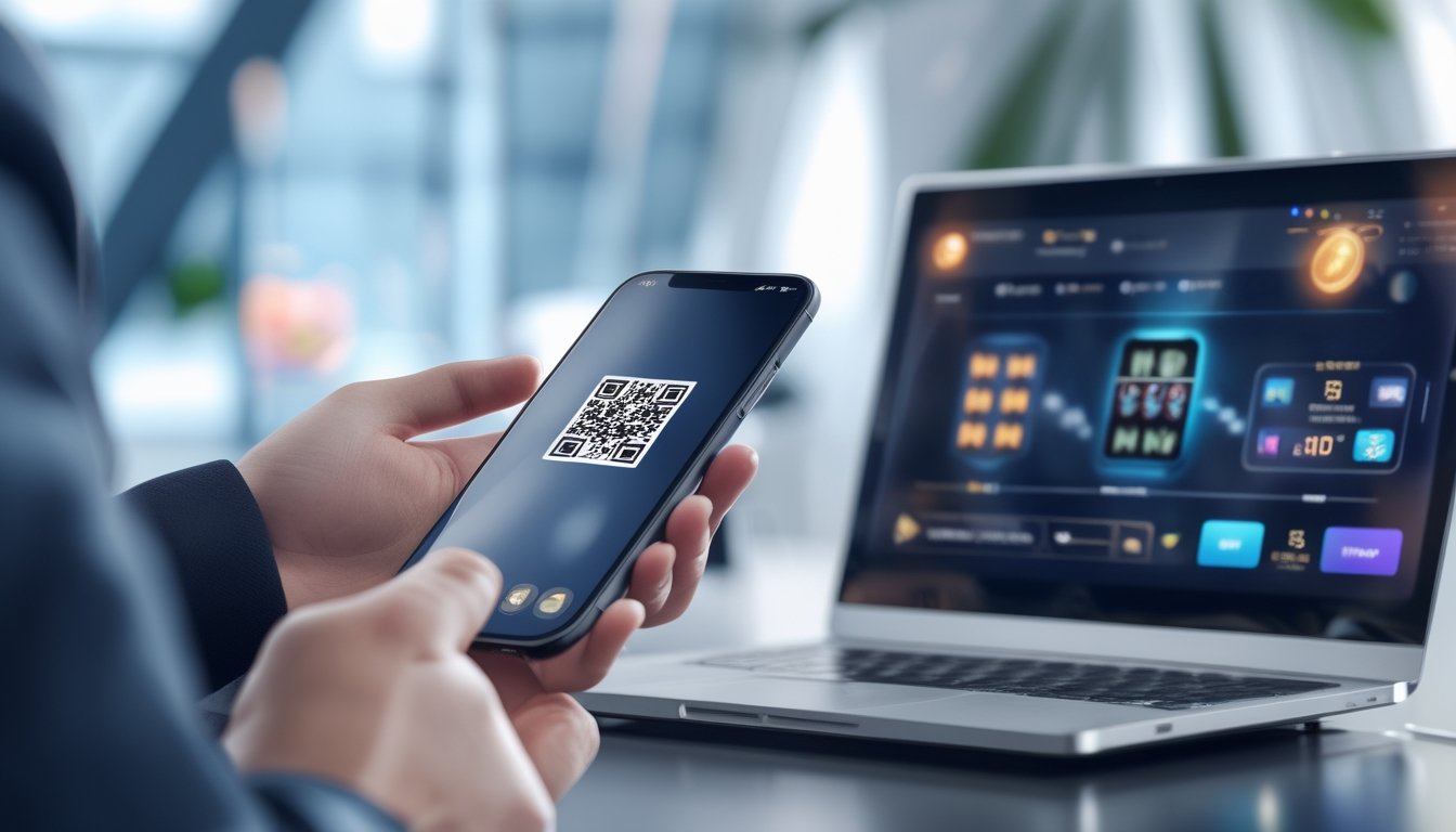 Seseorang memegang ponsel yang menampilkan kode QR dengan latar belakang permainan slot online di layar komputer.