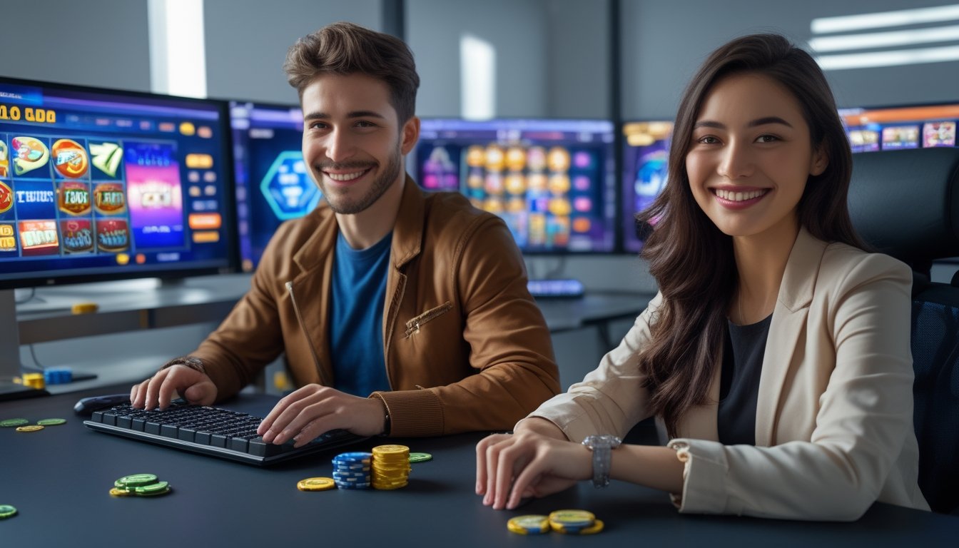 Dua orang muda duduk di depan komputer dengan layar menampilkan permainan slot online, terlihat gembira dan bersemangat.