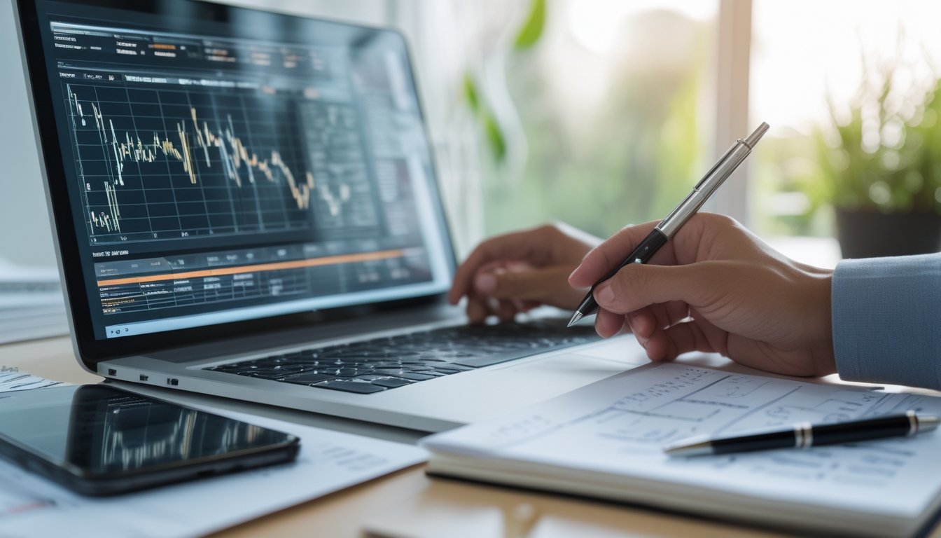 Seseorang bekerja di meja dengan laptop menampilkan data angka dan catatan di sekitarnya.