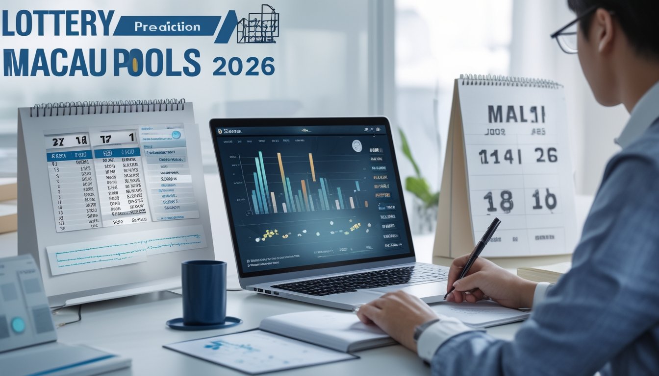 Sebuah meja kerja modern dengan laptop, kalender, dan orang yang sedang menganalisis data angka dalam ruangan kantor yang terang.