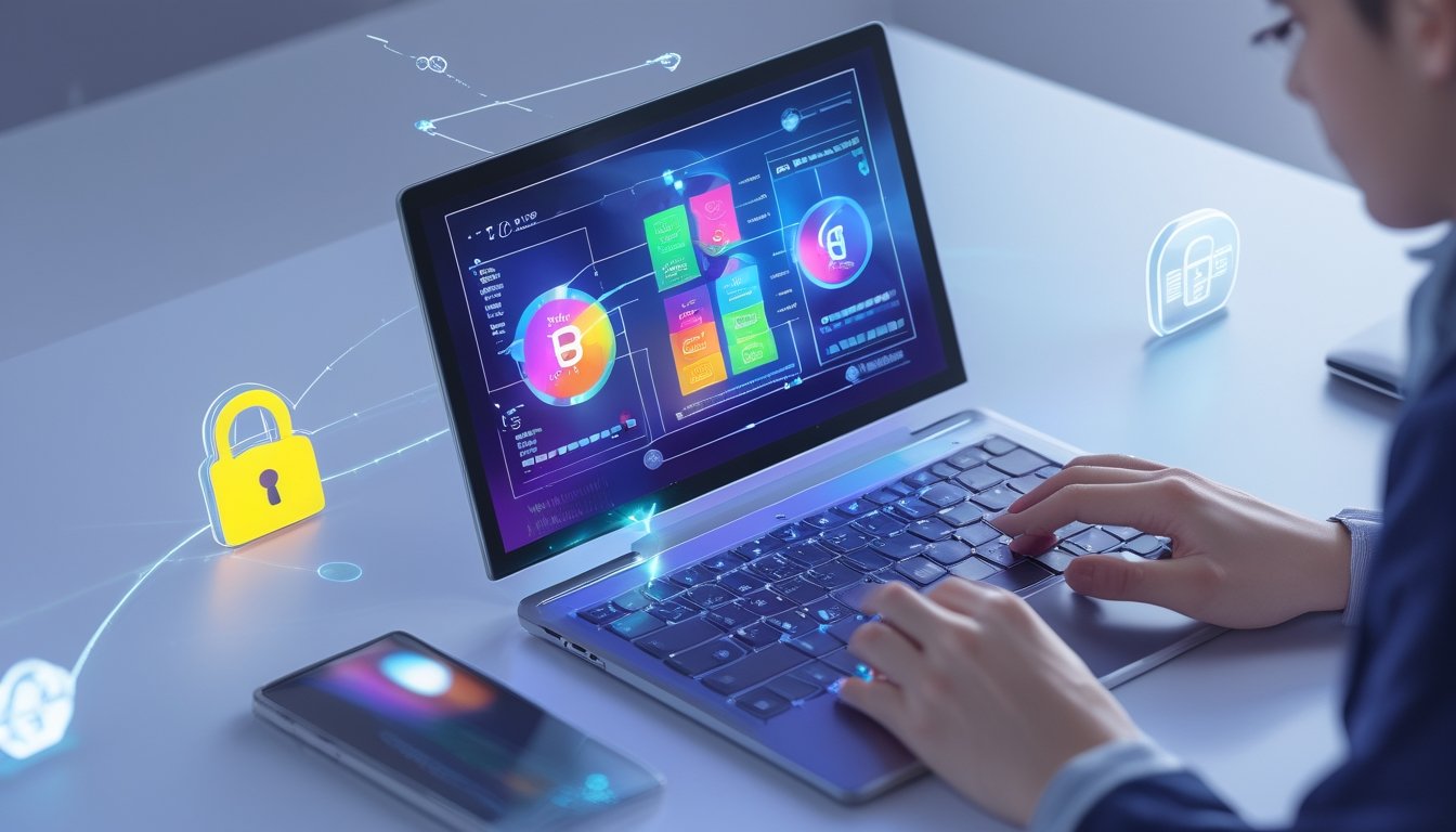 Seseorang menggunakan perangkat digital modern dengan tampilan antarmuka berwarna cerah yang menampilkan angka dan grafik, di ruang kerja yang terang dan minimalis.