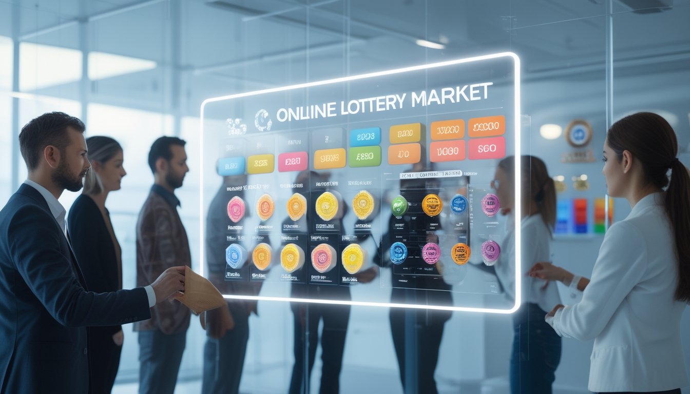 Beberapa orang dewasa menggunakan layar sentuh transparan dengan grafik dan angka yang menunjukkan pasar togel online di lingkungan kantor yang modern dan terang.