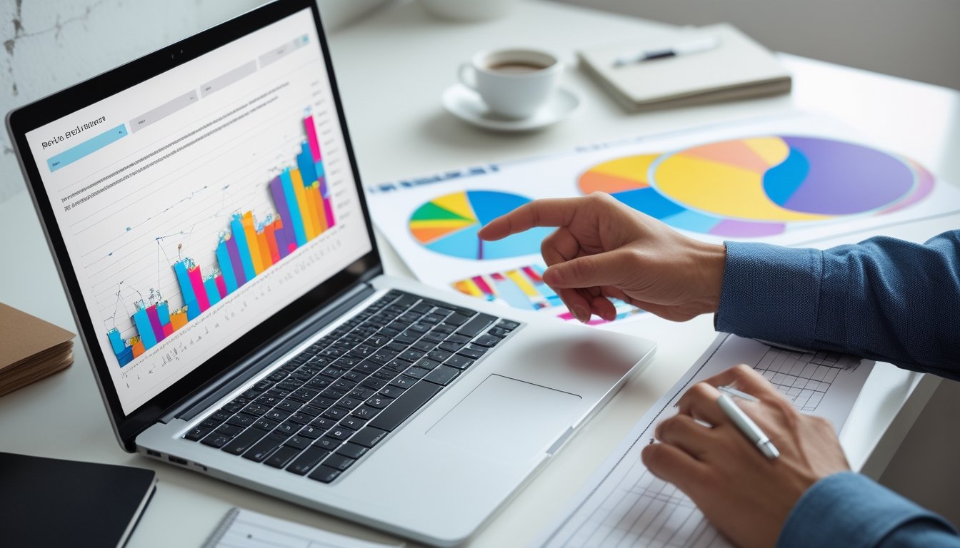 Sebuah ruang kerja modern dengan laptop yang menampilkan grafik berwarna-warni dan tangan yang menunjuk pada sebuah grafik warna-warni di atas meja.