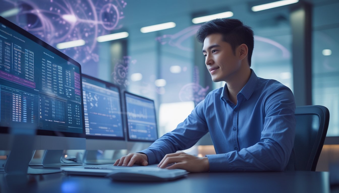 Seorang pria muda duduk di meja dengan perangkat digital yang menampilkan data angka dan pola mistik, terlihat fokus dan percaya diri di ruang kantor modern.