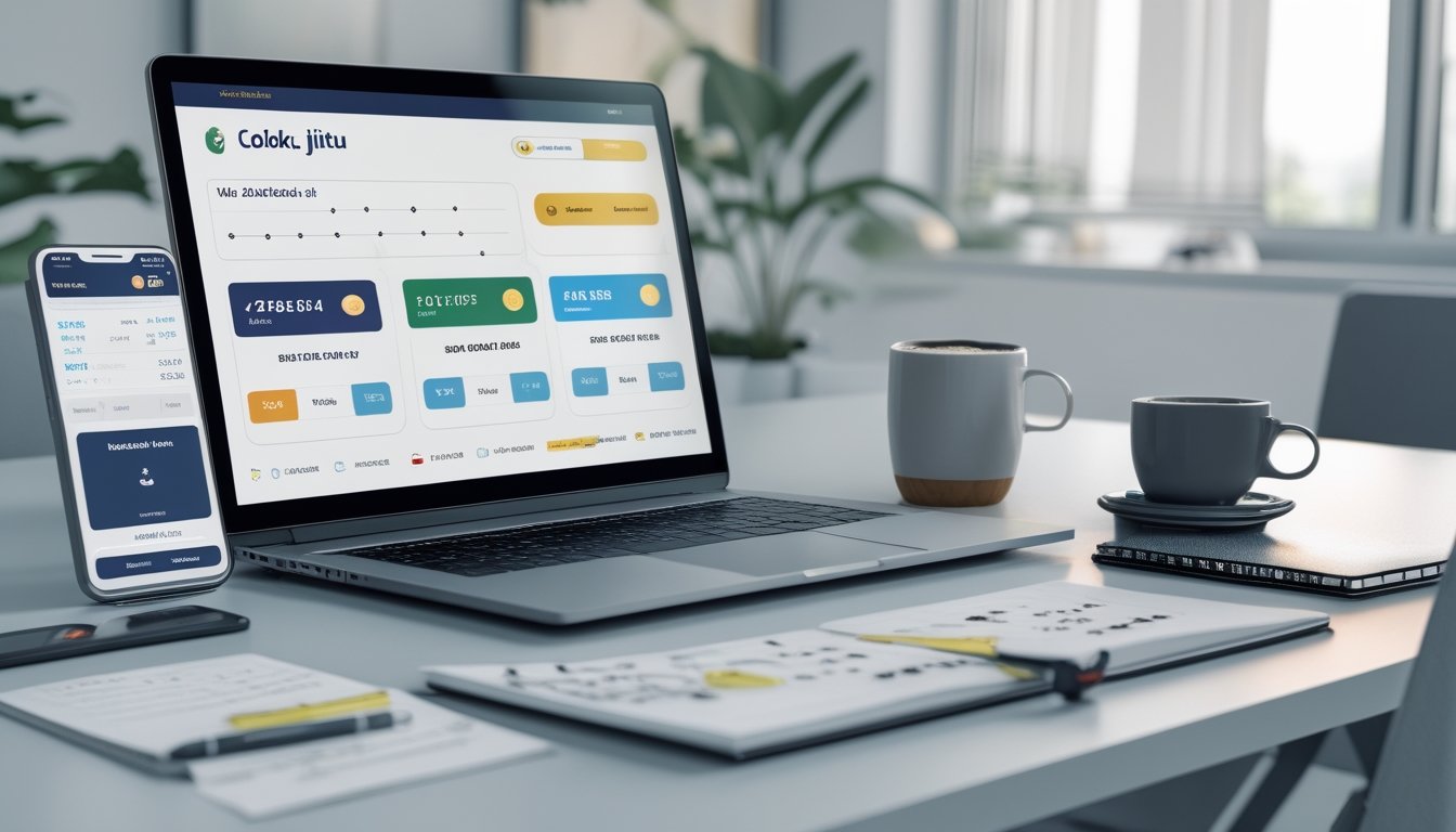 Meja kerja modern dengan laptop menampilkan antarmuka taruhan togel online, smartphone, secangkir kopi, dan catatan tertulis di lingkungan kantor yang rapi dan terang.