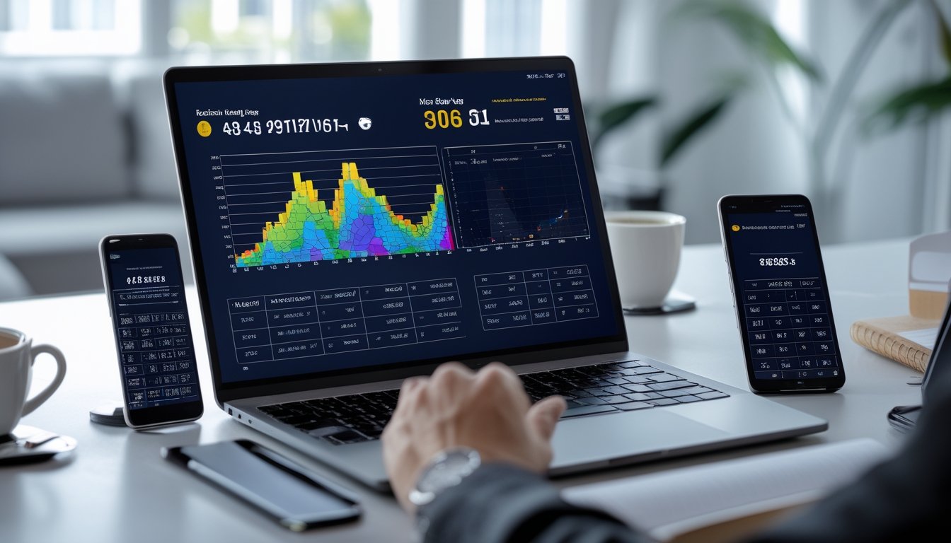 Seorang profesional menggunakan laptop dan perangkat digital lain untuk memeriksa hasil live draw togel secara cepat di lingkungan kantor yang rapi dan terang.