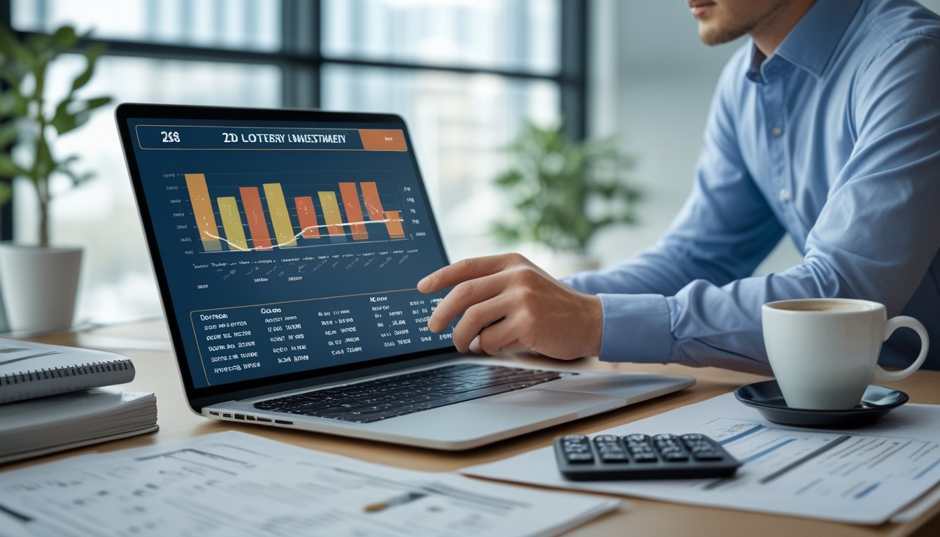 Seseorang sedang bekerja di meja dengan laptop dan dokumen keuangan, fokus pada analisis strategi investasi togel online.