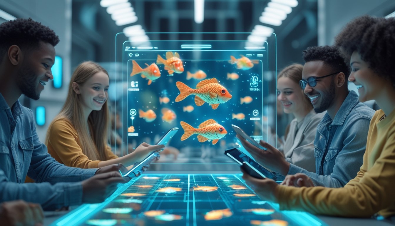 Beberapa orang muda sedang bermain game tembak ikan online dengan perangkat digital di ruang kerja modern.