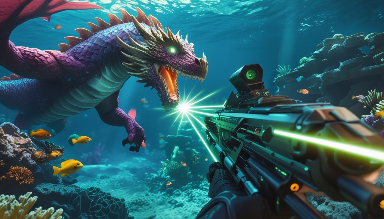 Seekor naga raksasa di bawah laut sedang diserang dengan senjata laser canggih dalam suasana permainan menembak ikan.