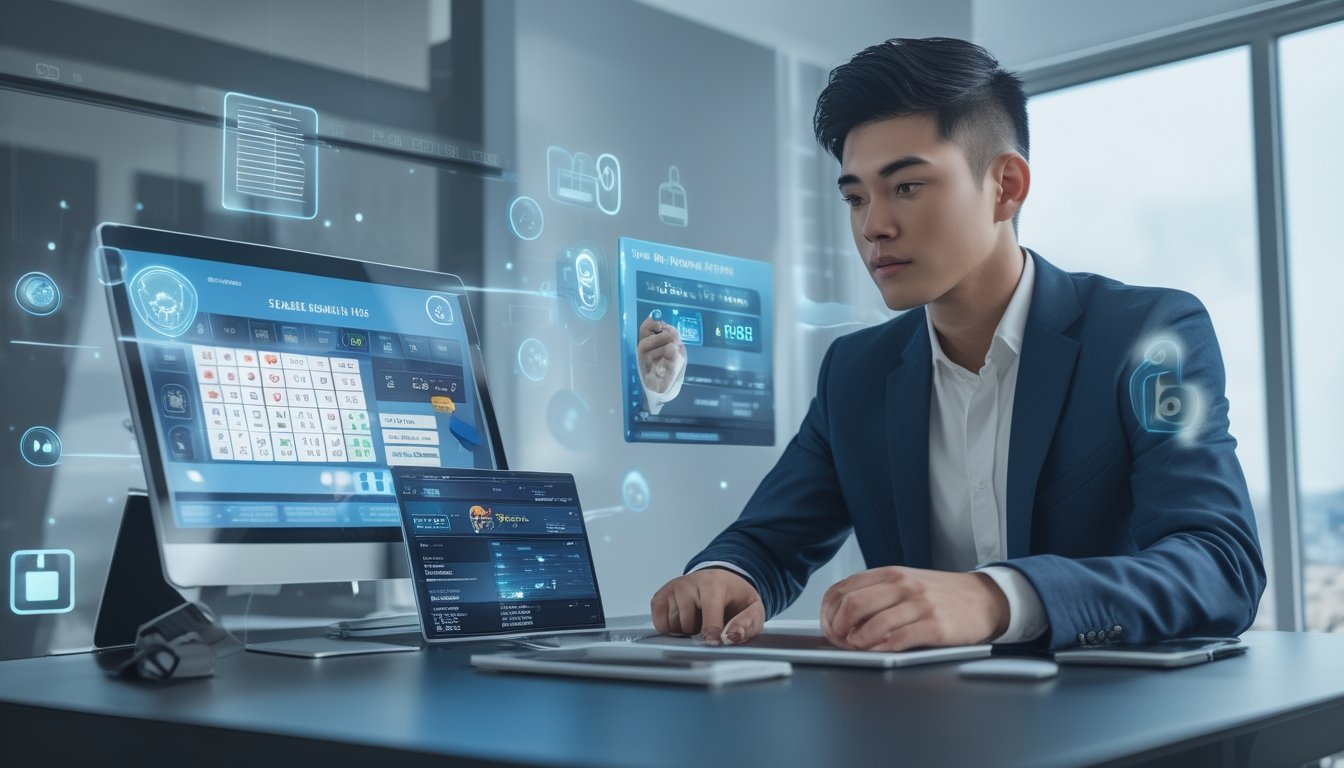 Seorang dewasa muda duduk di meja dengan beberapa perangkat digital menampilkan antarmuka togel dan ikon keamanan, sedang menganalisis data dengan latar belakang elemen futuristik.