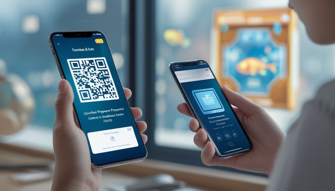 Tangan memegang ponsel yang menampilkan kode QR untuk pembayaran digital dengan latar belakang permainan tembak ikan online yang samar.