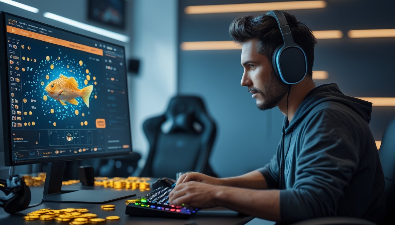 Seorang pria dewasa sedang fokus bermain game tembak ikan online di depan komputer dengan koin digital dan perlengkapan gaming di meja.