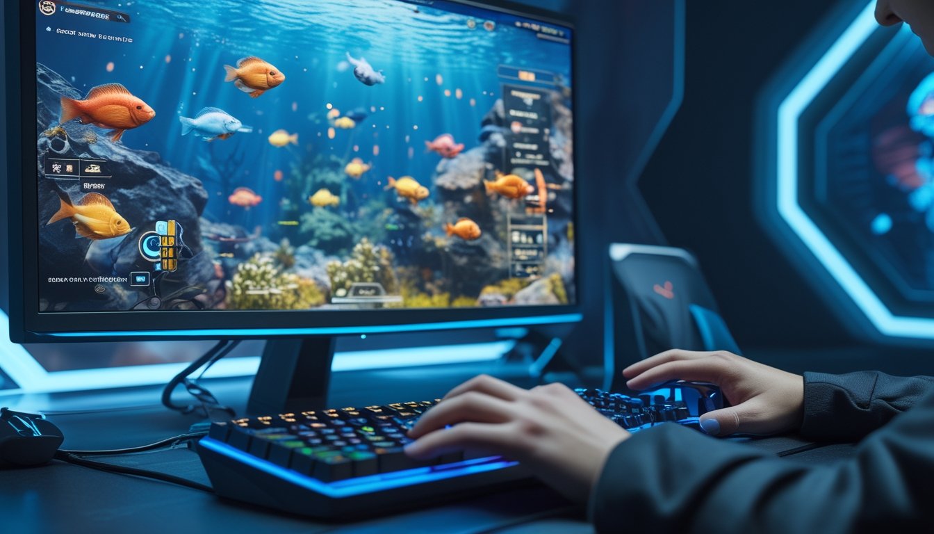 Seorang pemain sedang mengatur kontrol permainan tembak ikan online di depan layar komputer dengan grafik ikan warna-warni.