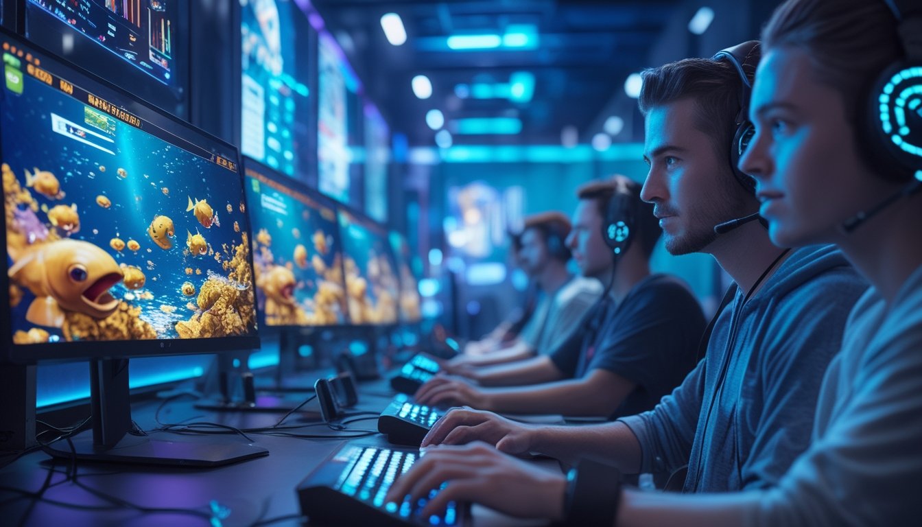 Beberapa pemain fokus bermain game judi tembak ikan online dengan layar menampilkan ikan monster emas dan poin yang dikumpulkan.