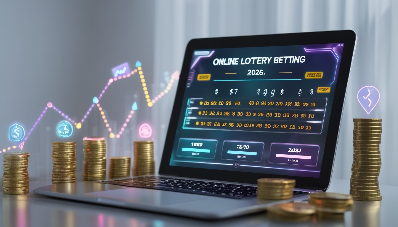 Seorang profesional menggunakan perangkat digital dengan tampilan antarmuka taruhan togel online dan simbol keuntungan investasi di meja kerja modern.