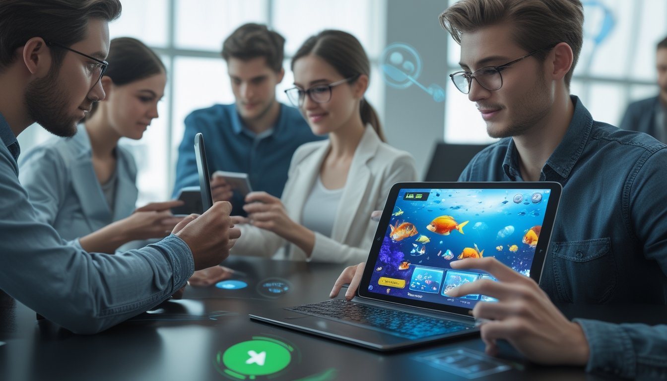 Beberapa orang muda menggunakan perangkat mobile untuk bermain game tembak ikan online dengan latar belakang tema bawah laut.