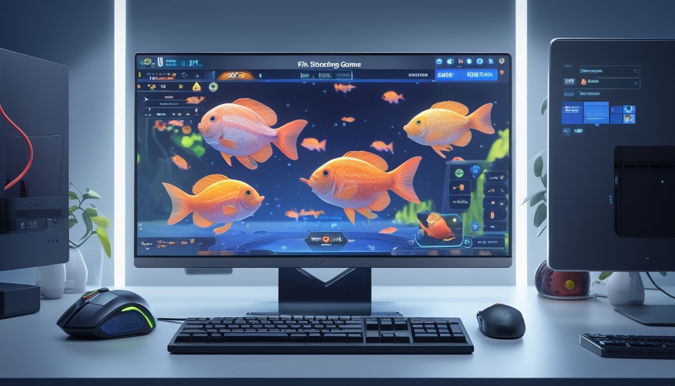 Sebuah layar komputer menampilkan permainan tembak ikan online dengan ikan berwarna-warni dan elemen bawah laut, dikelilingi oleh aksesori gaming di meja yang rapi.