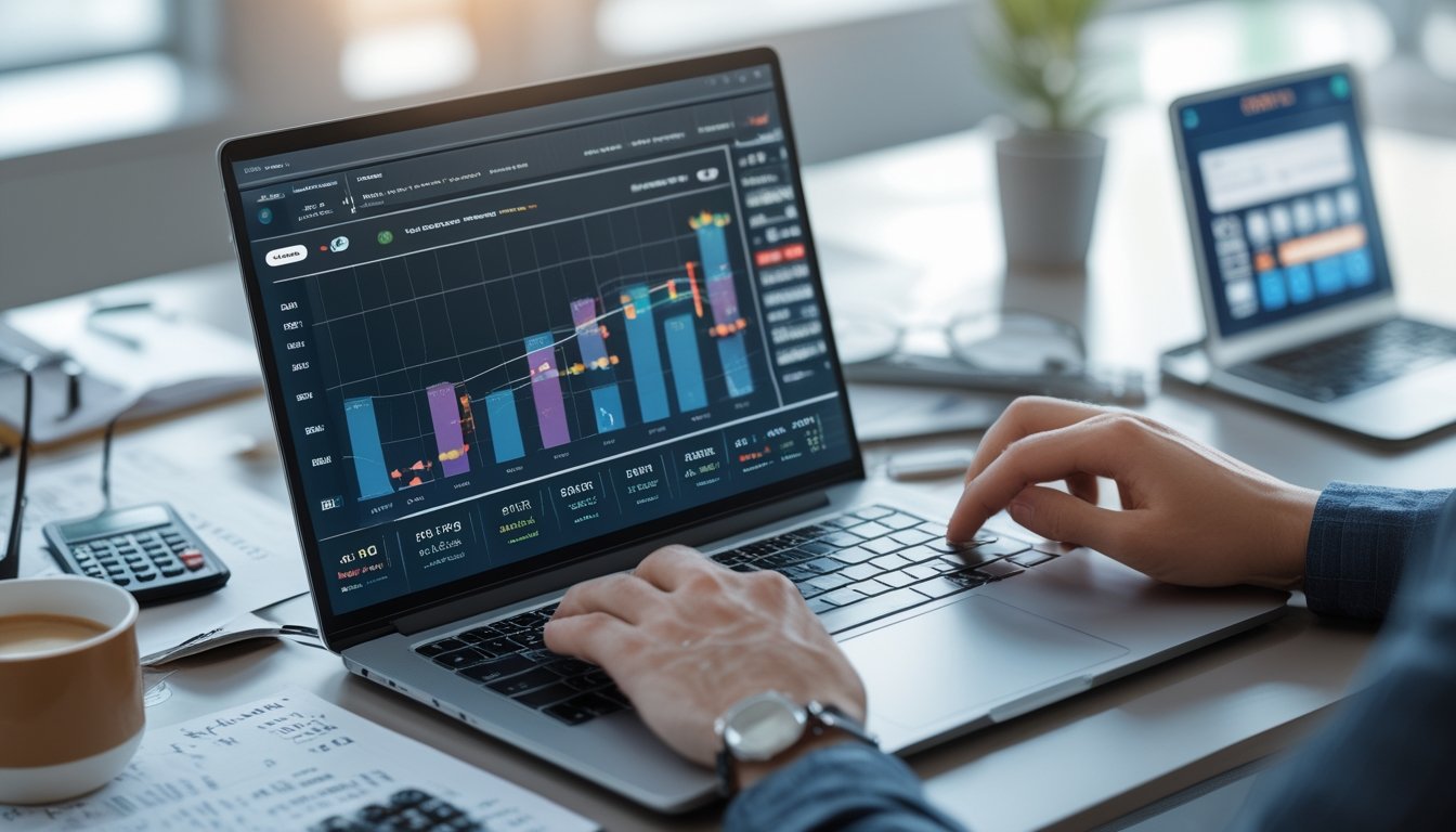 Seorang profesional bekerja di depan laptop dengan grafik dan catatan, menunjukkan perencanaan strategi untuk keuntungan judi togel online.