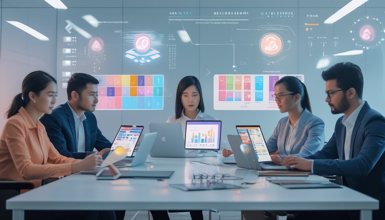 Sekelompok orang sedang bekerja bersama dengan perangkat digital, mempelajari simbol dan gambar dalam suasana kantor modern.