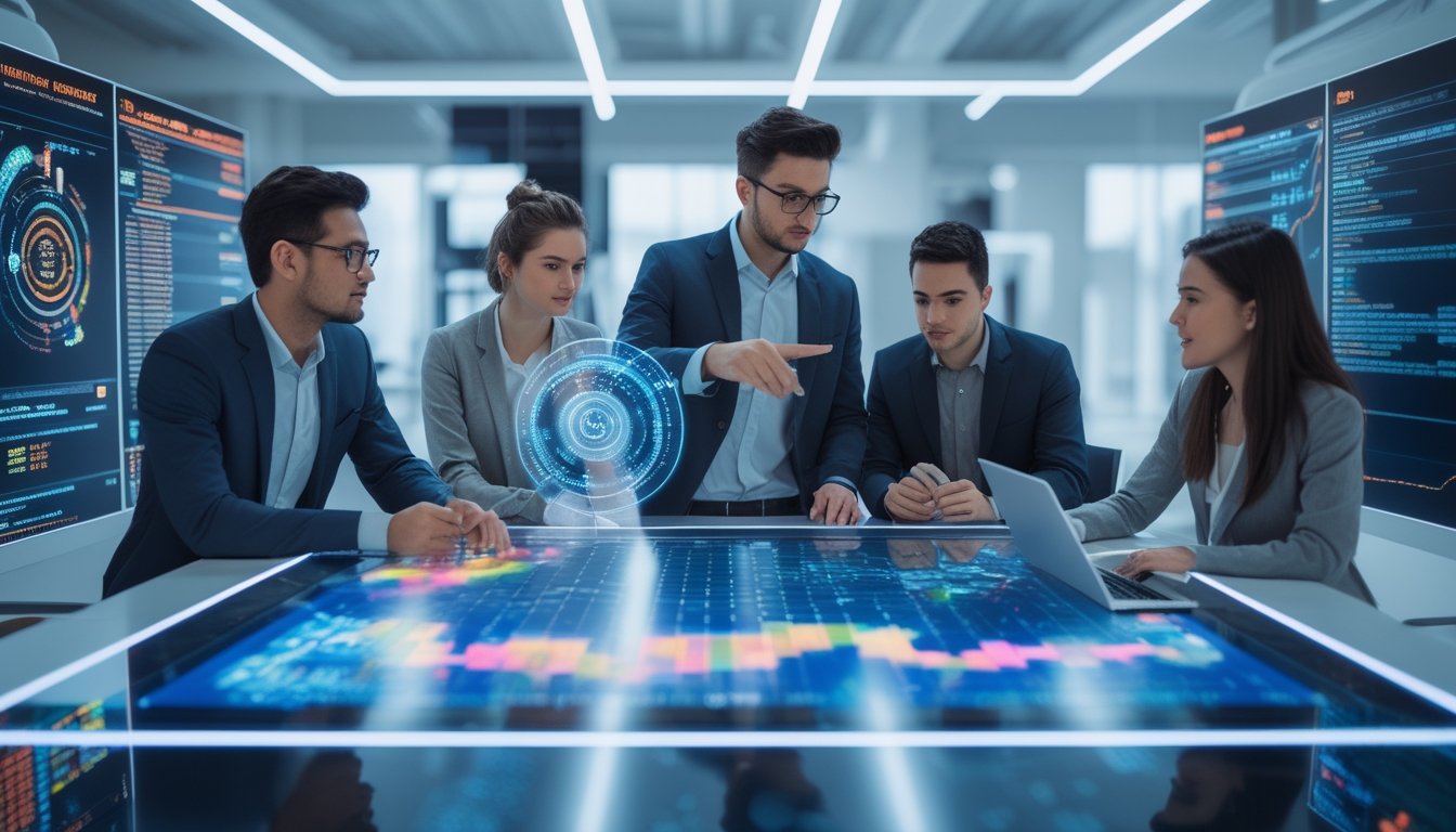 Sekelompok profesional muda bekerja bersama di ruang kantor modern dengan layar digital yang menampilkan grafik dan data prediksi AI.